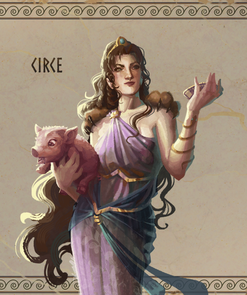 Ilustração de Circe, a deusa e feiticeira da mitologia Grega, que transformou em porcos os homens de Ulisses.