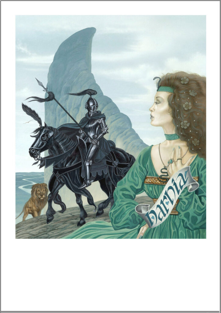 Ilustração da Senhora do Vestido Verde e do seu cavaleiro, cena de "The Silver Chair", 4º volume das Crónicas de Nárnia, de C.S. Lewis